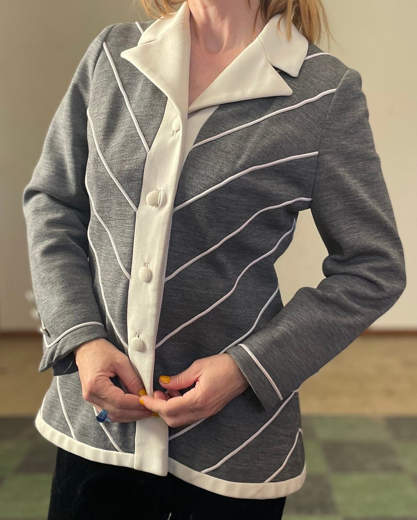 vtg 70s LILLI ANN BLAZER // vintage womens medium gray white striped button up striped autumn jacket preppy mod retro pointy collar business