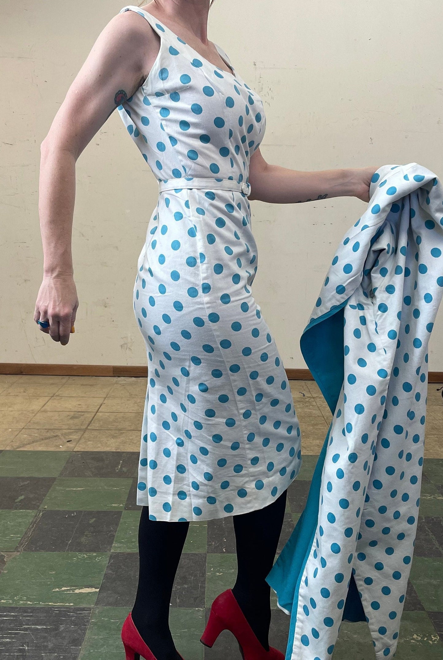 vtg 50s 2 PIECE POLKA DOT Dress Set // vintage linen Pat Hartley blue white geometric circle pattern scoop neck belted dress & long jacket