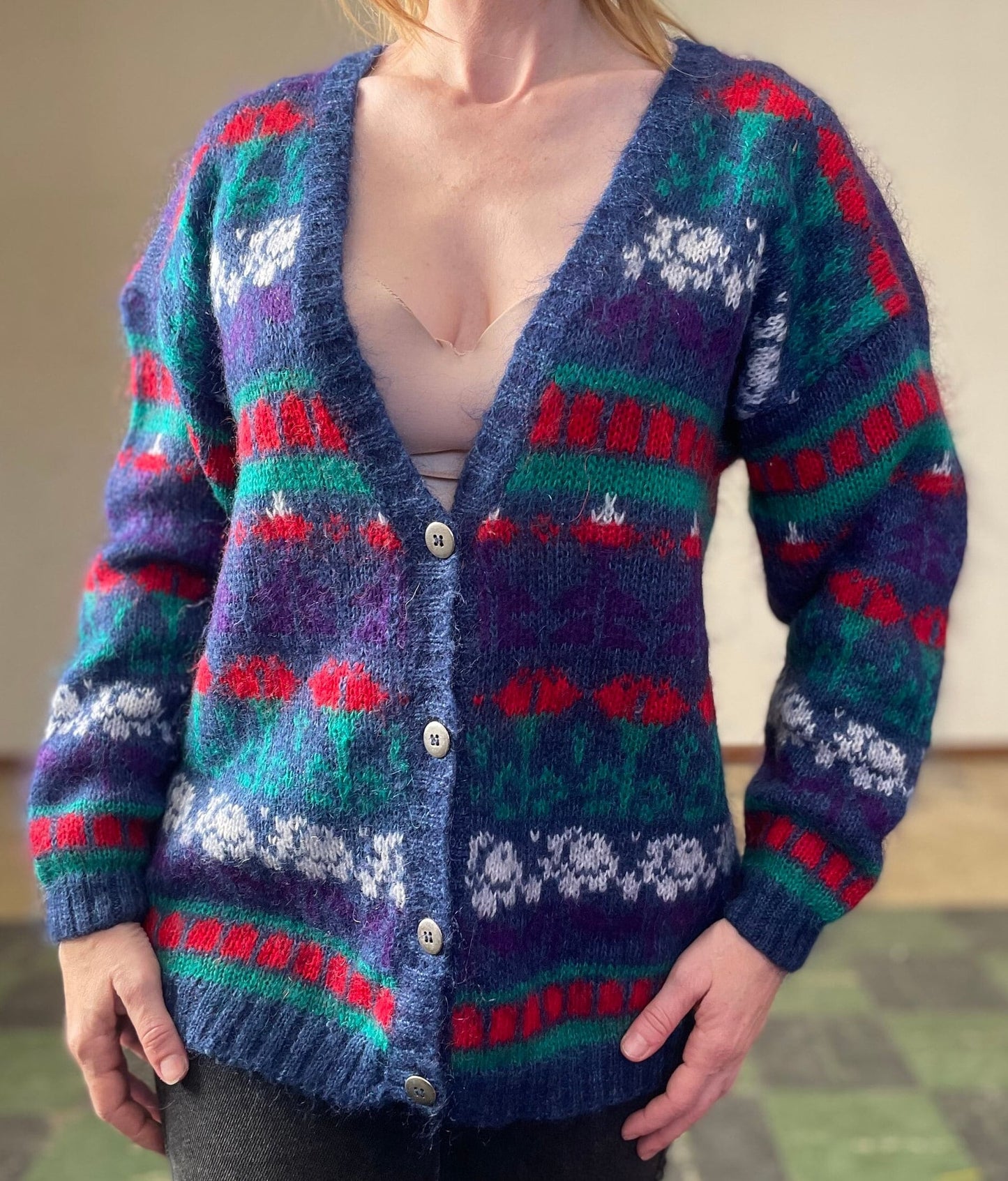 vtg 90s PATTERNED MOHAIR SWEATER // vintage paris sports club womens large fuzzy v neck buttons abstract print cardigan bright autumn style