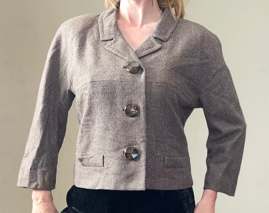 vtg 50s CROPPED DRESS JACKET // vintage womens medium gray wool cropped wool blazer autumn minimalist mcm preppy structured short coat