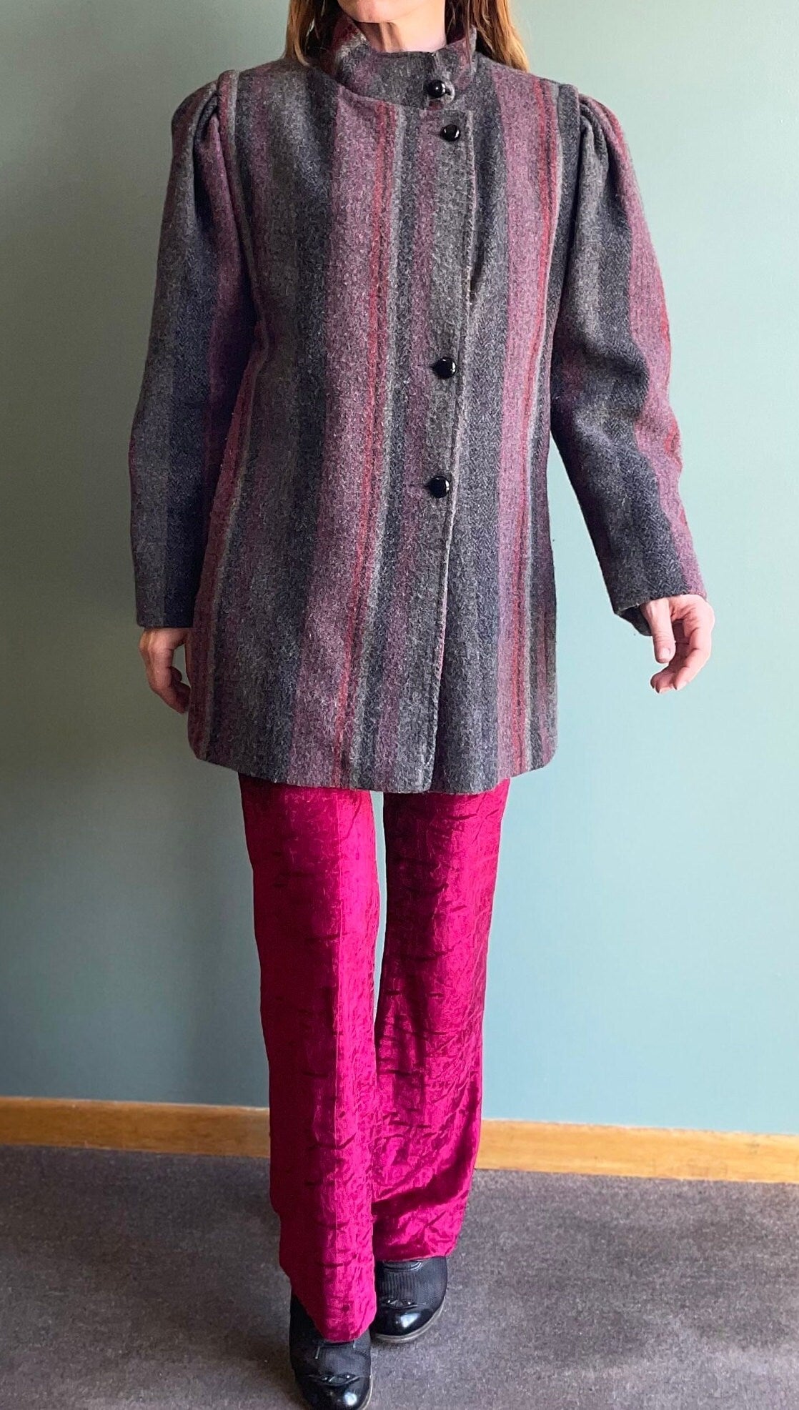 vtg 80s STRIPED WOOL COAT // vintage puffed sleeve pink and gray new wave coat stylish winter coat classy jacket unique earth tones striped