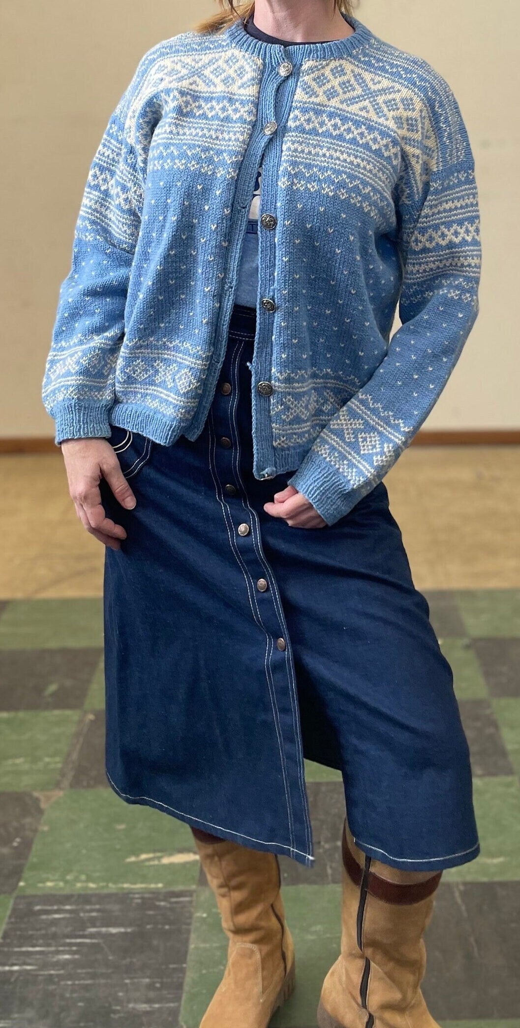 vtg 50s BLUE NORDIC SWEATER // vintage hand knit large Sidsel Homb pastel wool cardigan fair isle winter cottage style festive holiday top