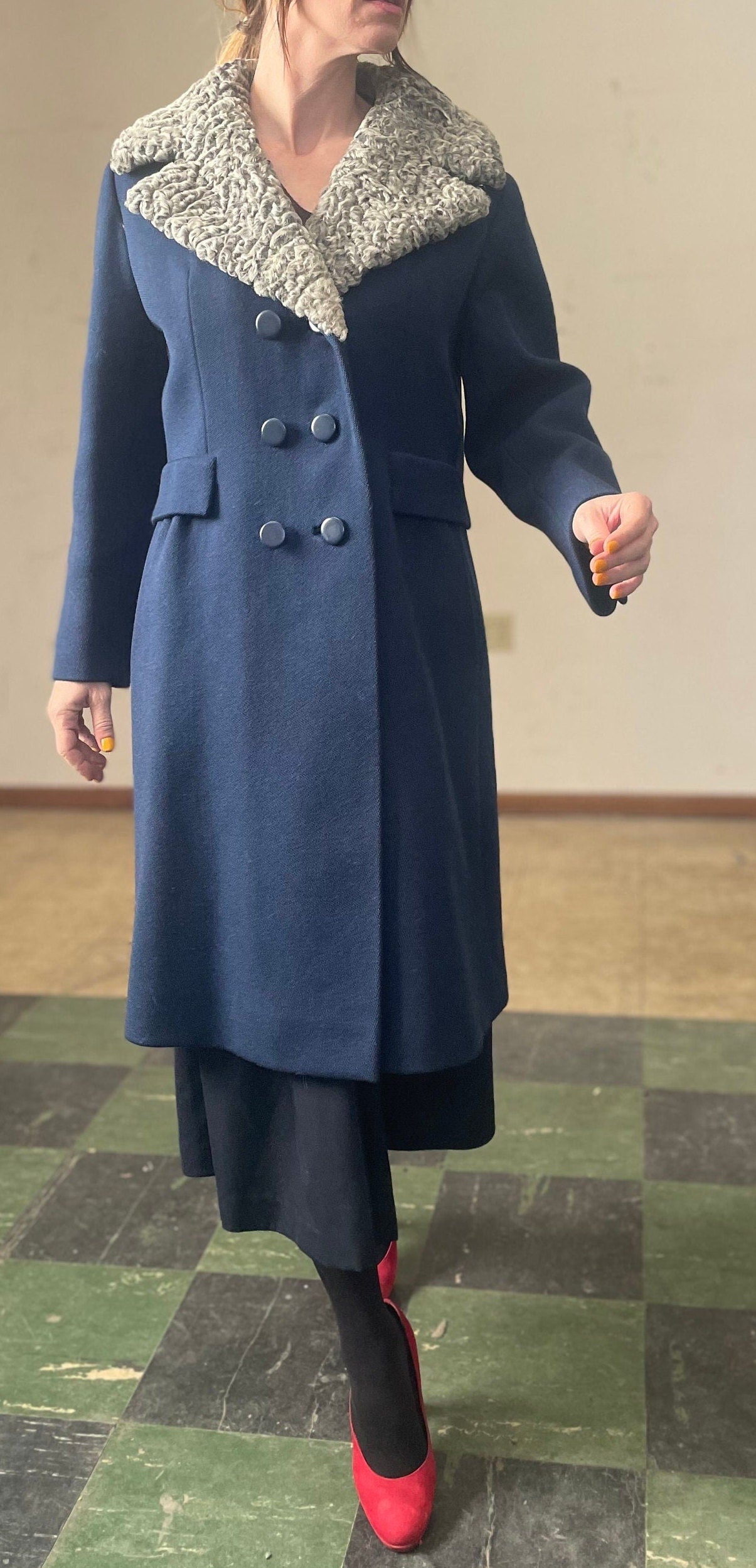 vtg 50s PERSIAN LAMB COLLAR Coat // vintage field schlick blue wool princess stroller jacket penny lane winter trench coat double breasted
