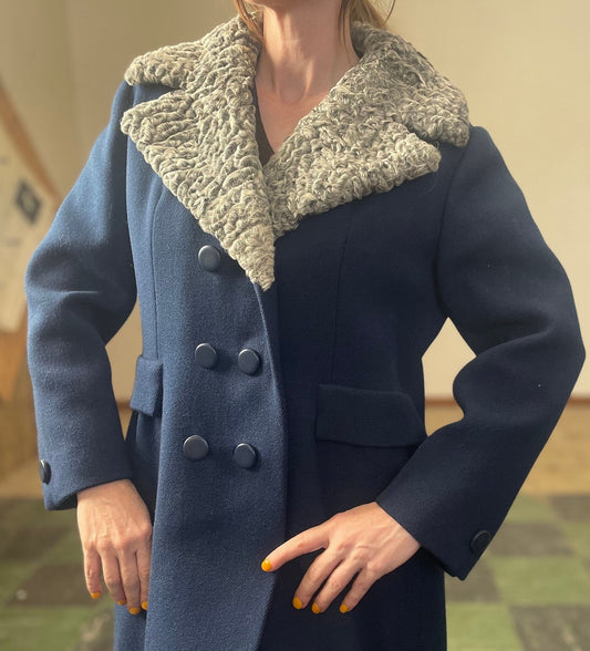 vtg 50s  PERSIAN LAMB COLLAR Coat // vintage field schlick blue wool princess stroller jacket penny lane winter trench coat double breasted