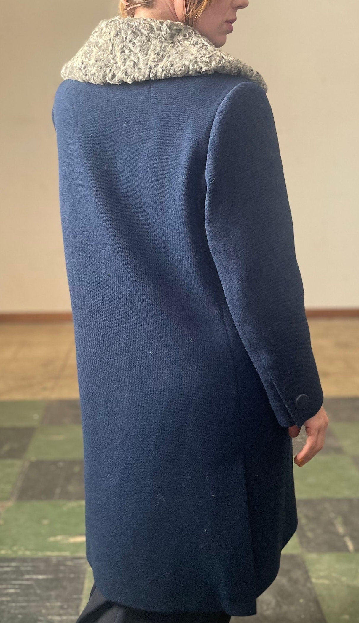 vtg 50s PERSIAN LAMB COLLAR Coat // vintage field schlick blue wool princess stroller jacket penny lane winter trench coat double breasted