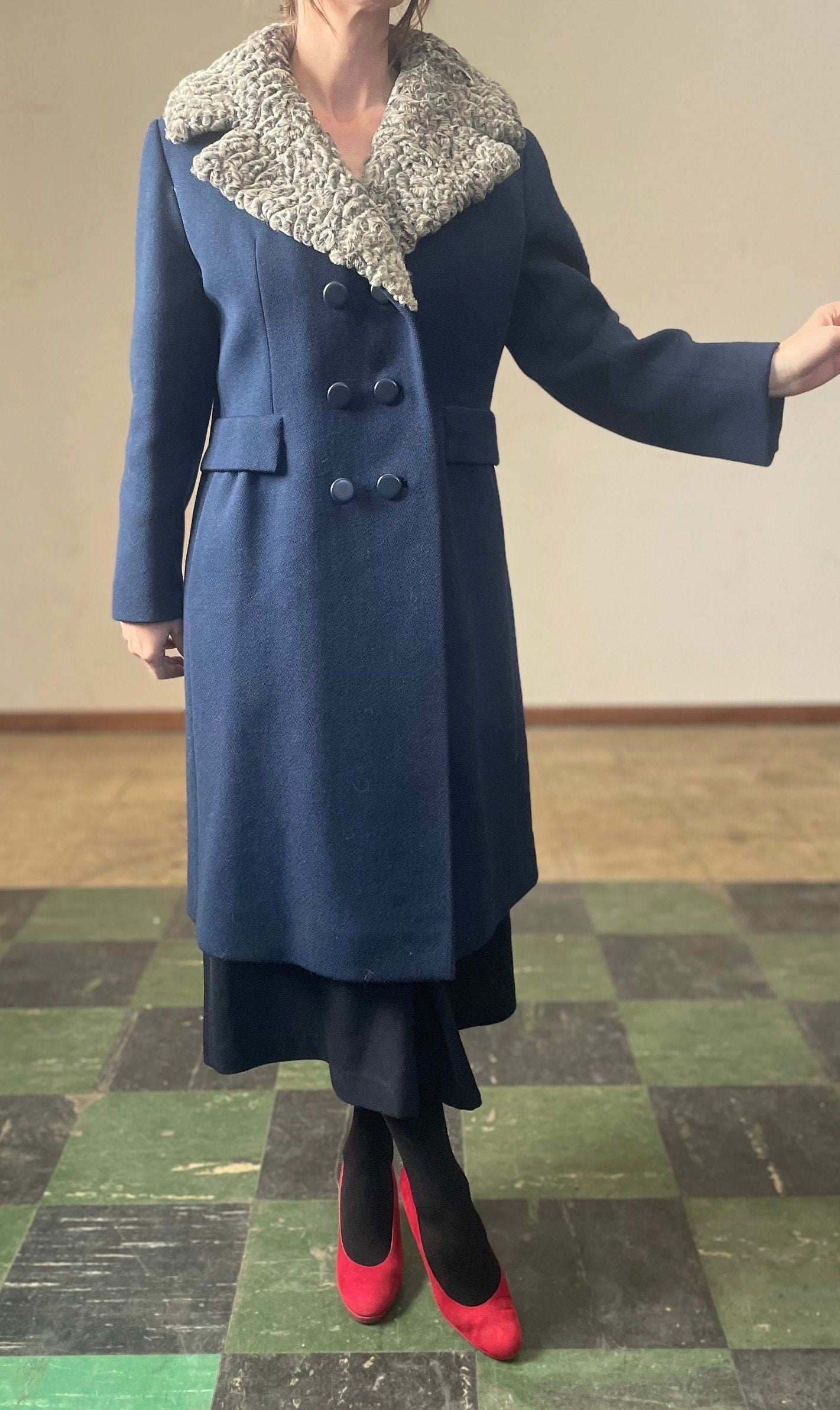vtg 50s PERSIAN LAMB COLLAR Coat // vintage field schlick blue wool princess stroller jacket penny lane winter trench coat double breasted