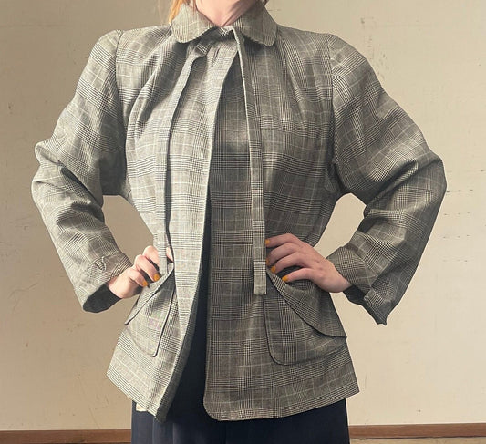 vtg 40s WOMENS PLAID JACKET / vintage Hoot Lass Bonnie womens large neck tie pan collar structured mcm 50s preppy autumn stylish winter coat