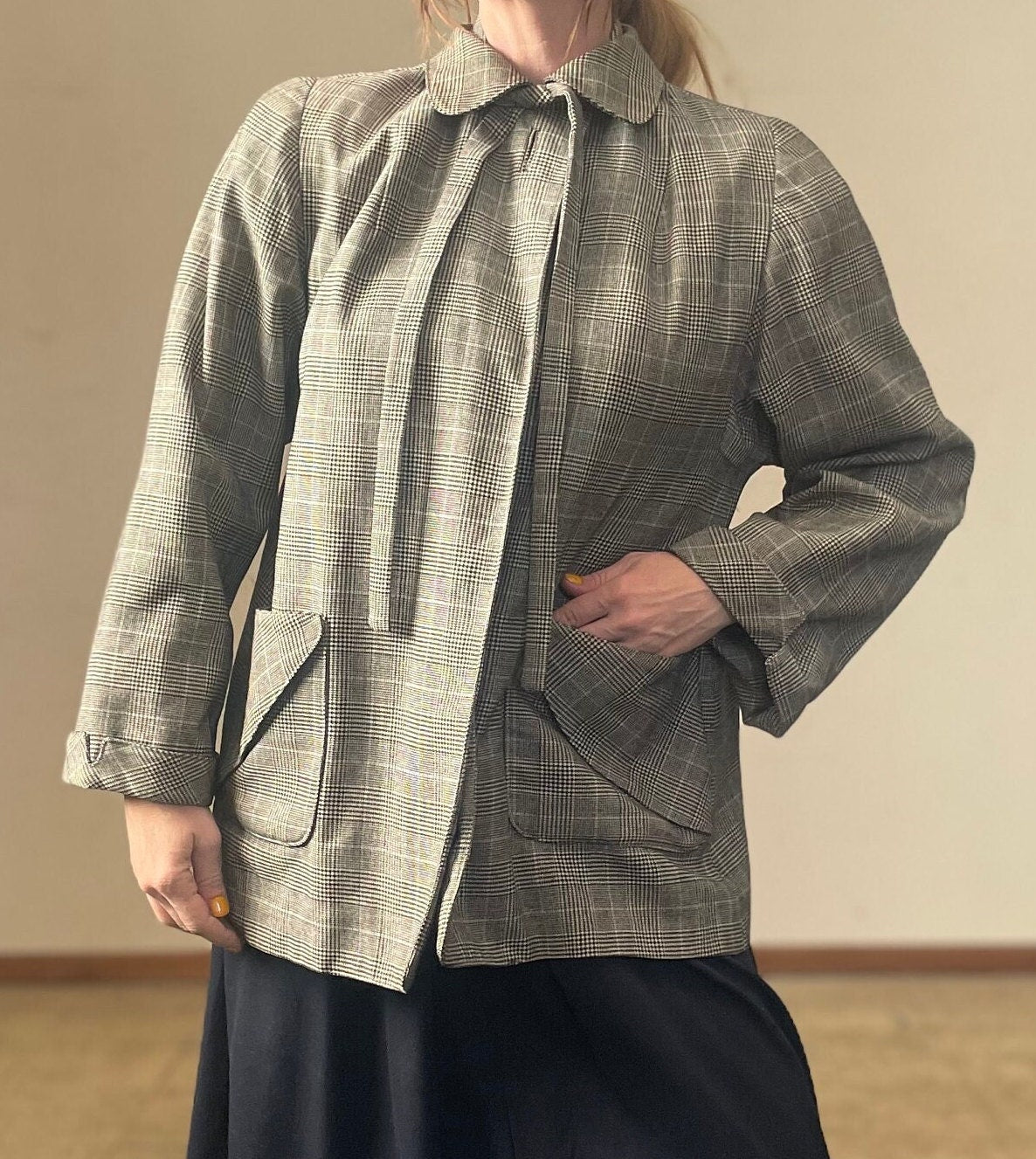 vtg 40s WOMENS PLAID JACKET / vintage Hoot Lass Bonnie womens large neck tie pan collar structured mcm 50s preppy autumn stylish winter coat