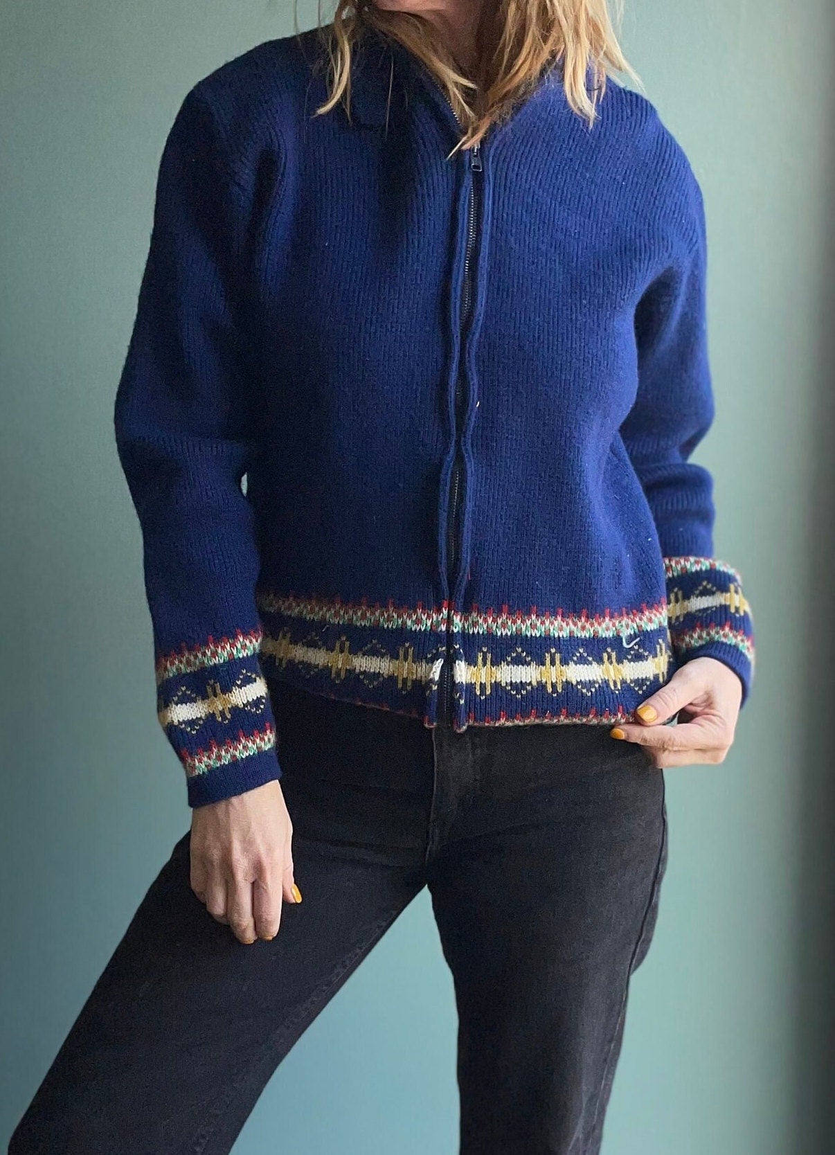 vtg 70s HOODED NAVY SWEATER // chunky warm cozy style era tv show character school blue code zip up cardigan wool jumper boxy jacket