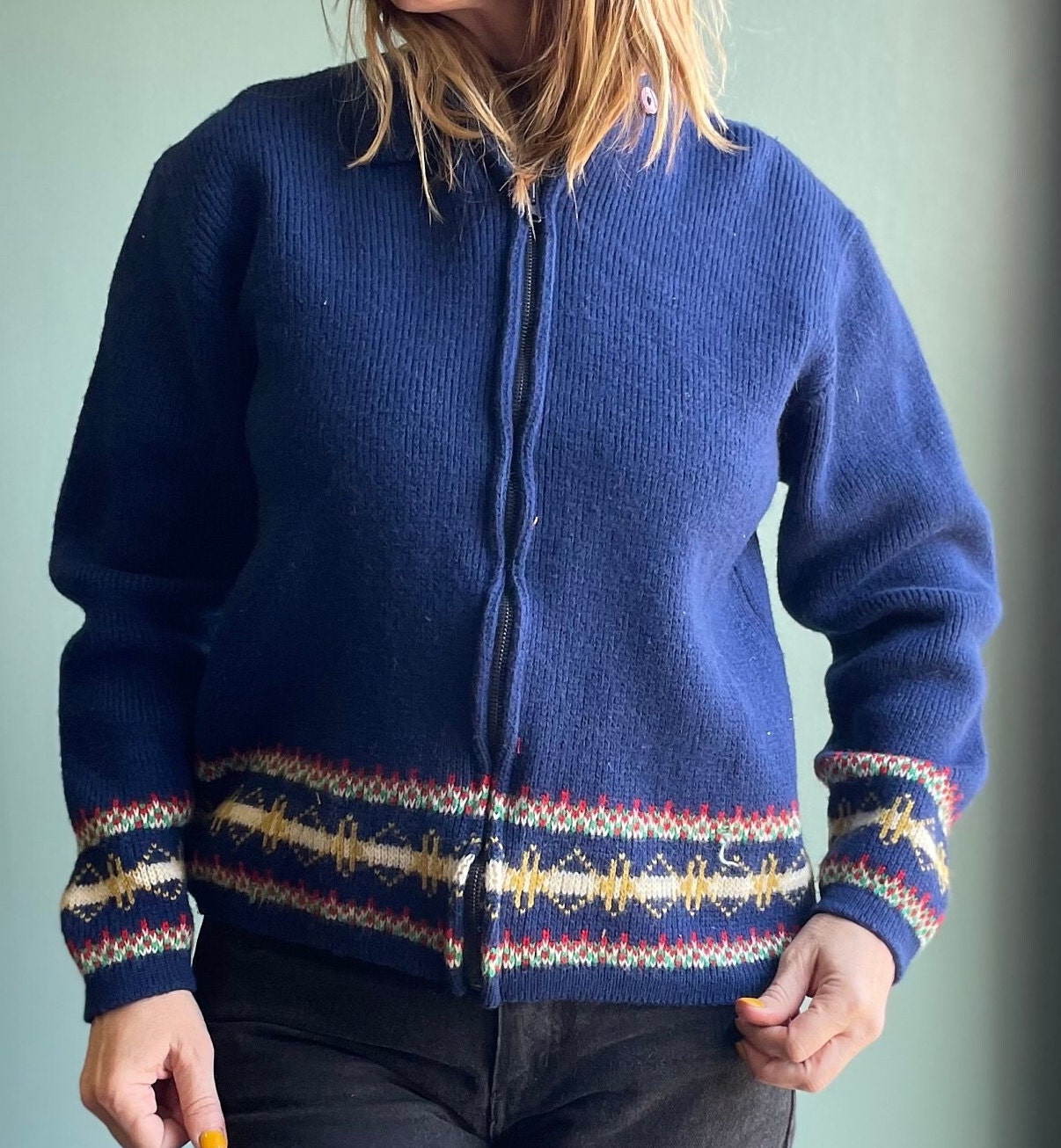 vtg 70s HOODED NAVY SWEATER // chunky warm cozy style era tv show character school blue code zip up cardigan wool jumper boxy jacket