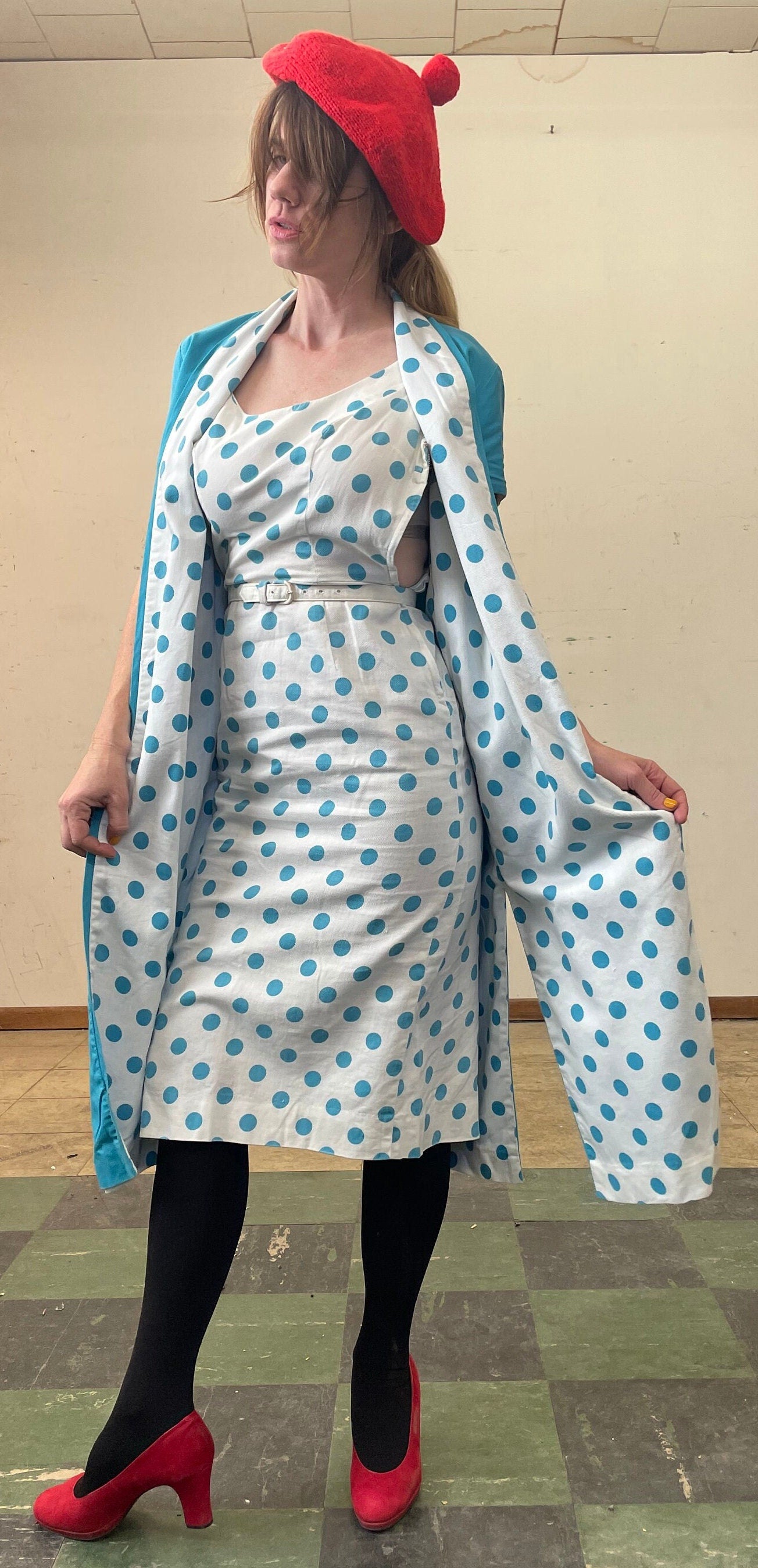 vtg 50s 2 PIECE POLKA DOT Dress Set // vintage linen Pat Hartley blue white geometric circle pattern scoop neck belted dress & long jacket