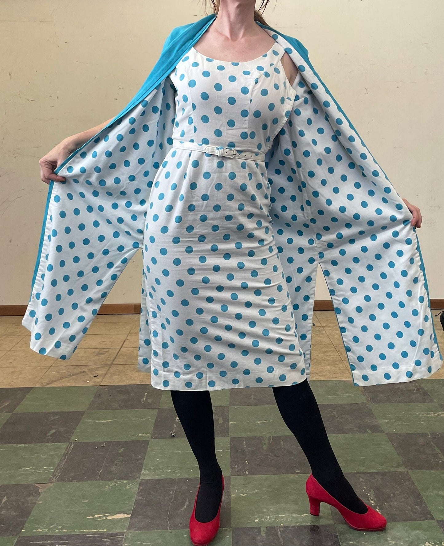 vtg 50s 2 PIECE POLKA DOT Dress Set // vintage linen Pat Hartley blue white geometric circle pattern scoop neck belted dress & long jacket
