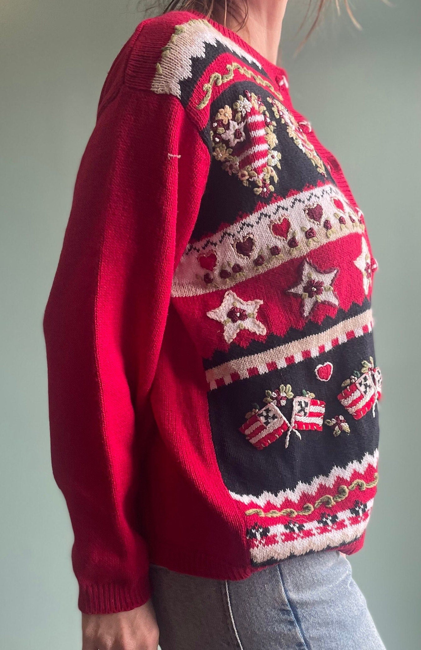 XMAS edit Vintage 2002 Heart Stars And Flags Cardigan / Red Festive Holiday Sweater / Novelty Print Sweater