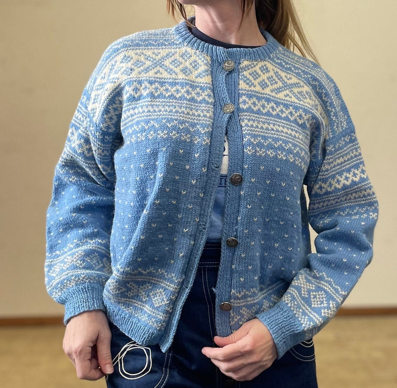 vtg 50s BLUE NORDIC SWEATER // vintage hand knit large Sidsel Homb pastel wool cardigan fair isle winter cottage style festive holiday top