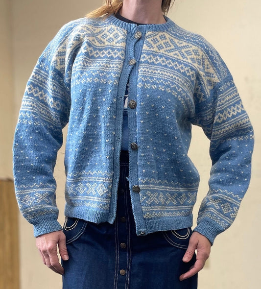 vtg 50s BLUE NORDIC SWEATER // vintage hand knit large Sidsel Homb pastel wool cardigan fair isle winter cottage style festive holiday top