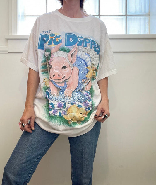 vtg 90s THE PIG DIPPER shirt // pajama sleeper t shirt dress pig lover oversized cute fam animal funny graphic tee farmer girl cottage core