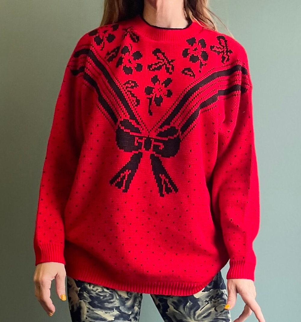 XMAS vtg SWEATER // Vintage 80s Red & Black Ribbon Print Abstract Gift Wrap Bow Slouchy Red aop loud festive holiday cheer joy noel santa
