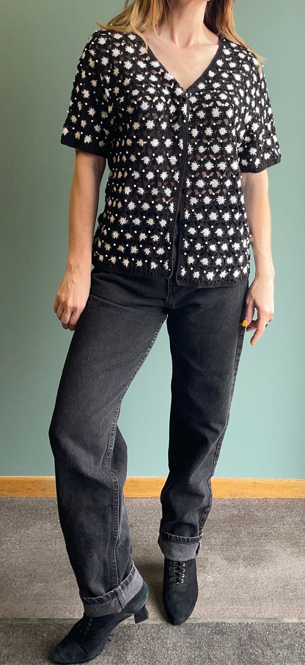 vtg 90s CROCHET light SWEATER Top // hand knit button up dainty short sleeve cardigan knit flowers sheer see through fall autumn layering