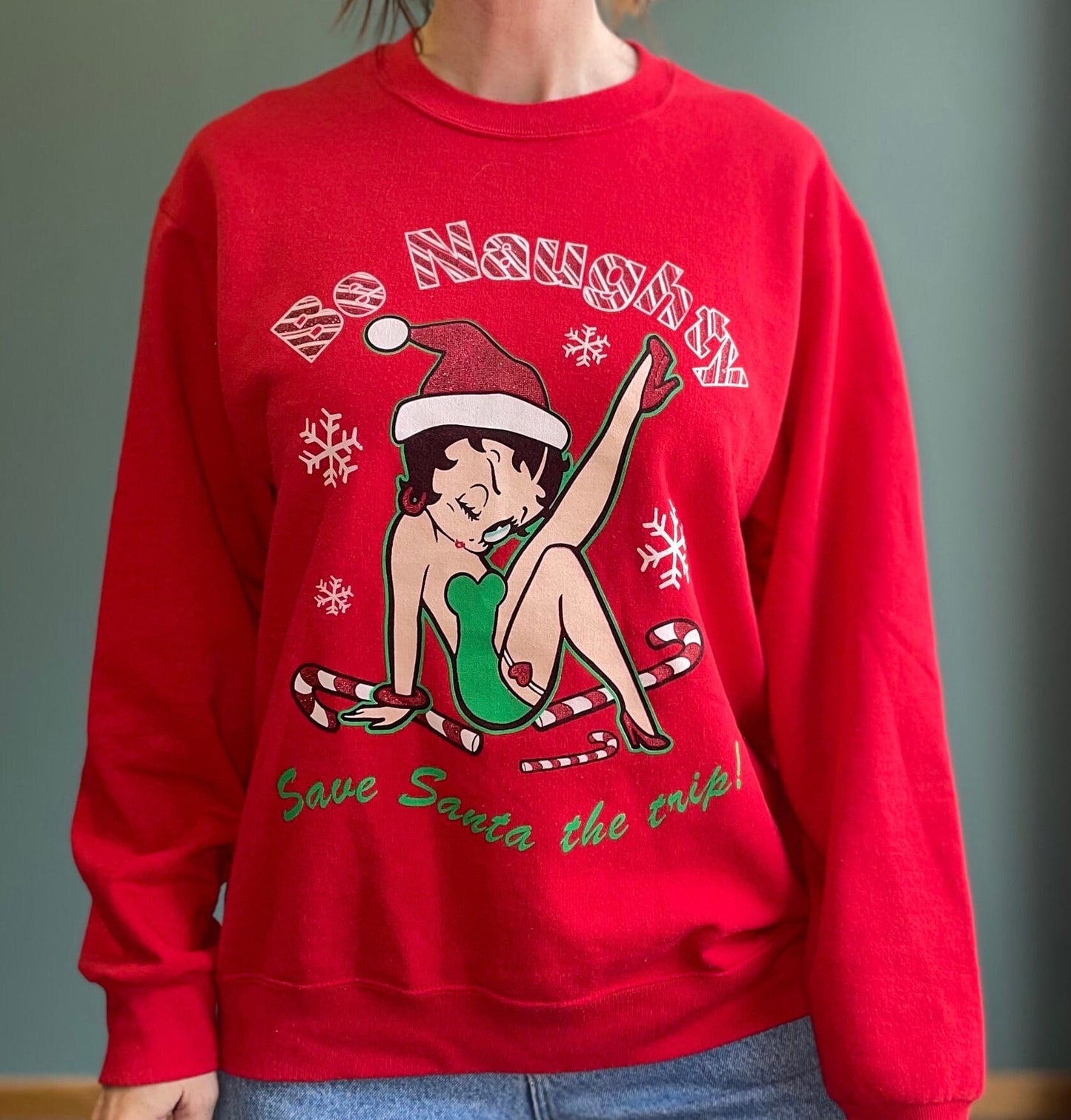 vtg BETTY BOOP XMAS Sweatshirt // vintage Y2K red naughty "Save Santa The Trip" risque pin up party sweater sexy winter festive holiday top