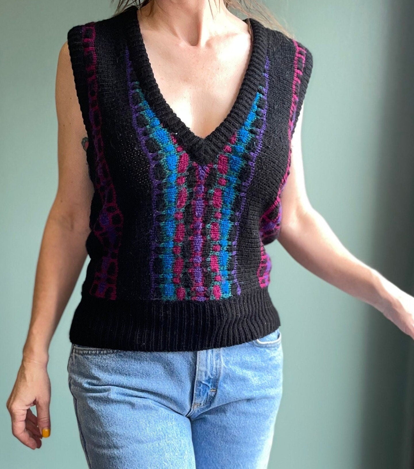 vtg 80s STRIPED SWEATER VEST / LeRoy abstract fuzzy multicolor layering top patterned knit sleeveless jumper fall autumn layers cute cropped
