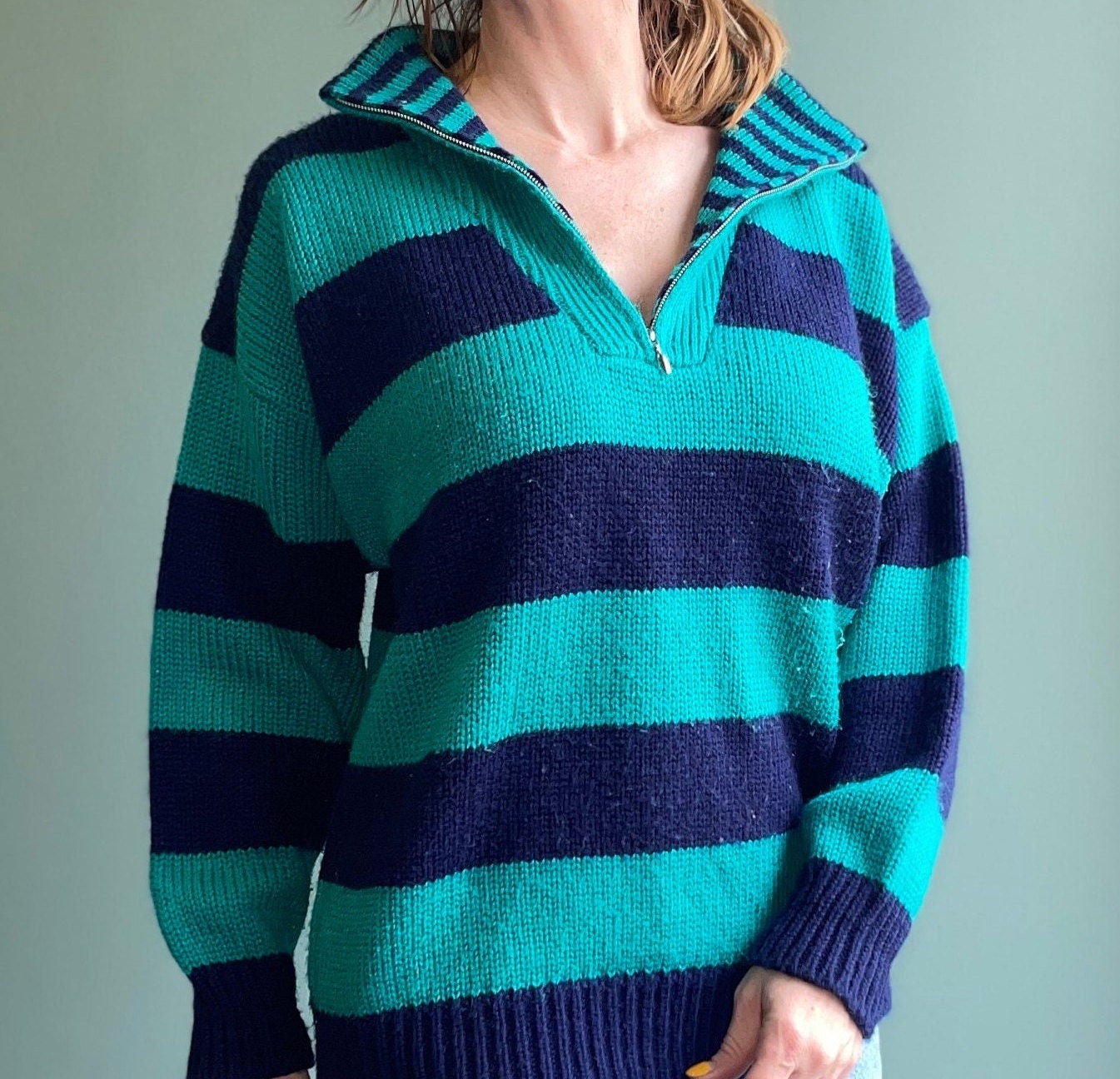 vtg 80s TEAL & BLACK V Neck Sweater // zip up shawl collar bright blue knit jumper collared top chunky thick beetlejuice freddy krueger fall