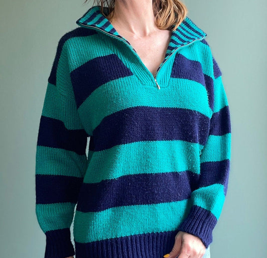 vtg 80s TEAL & BLACK V Neck Sweater // zip up shawl collar bright blue knit jumper collared top chunky thick beetlejuice freddy krueger fall