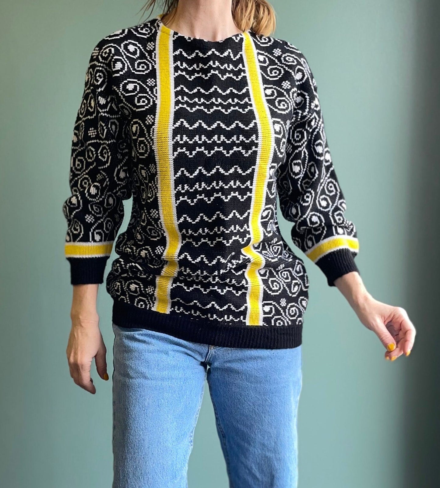 vtg 80s YELLOW STRIPED SWEATER // long sweater dress funky knit dress black & yellow abstract chunky bright fun winter autumn cozy oversized