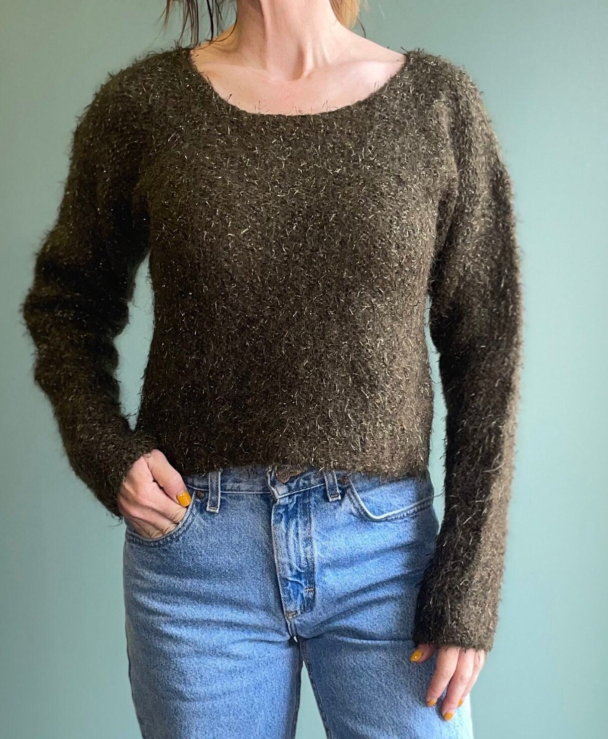 vtg 90s Y2K MOHAIR SWEATER // moss green fuzzy scoop neck fitted jumper metallic knit cropped 80s Sweater earth tone cute neutral minimalist