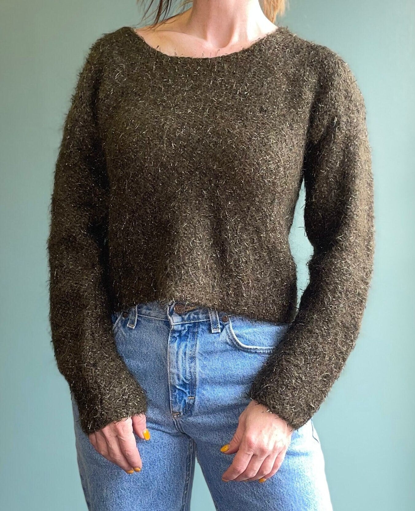 vtg 90s Y2K MOHAIR SWEATER // moss green fuzzy scoop neck fitted jumper metallic knit cropped 80s Sweater earth tone cute neutral minimalist