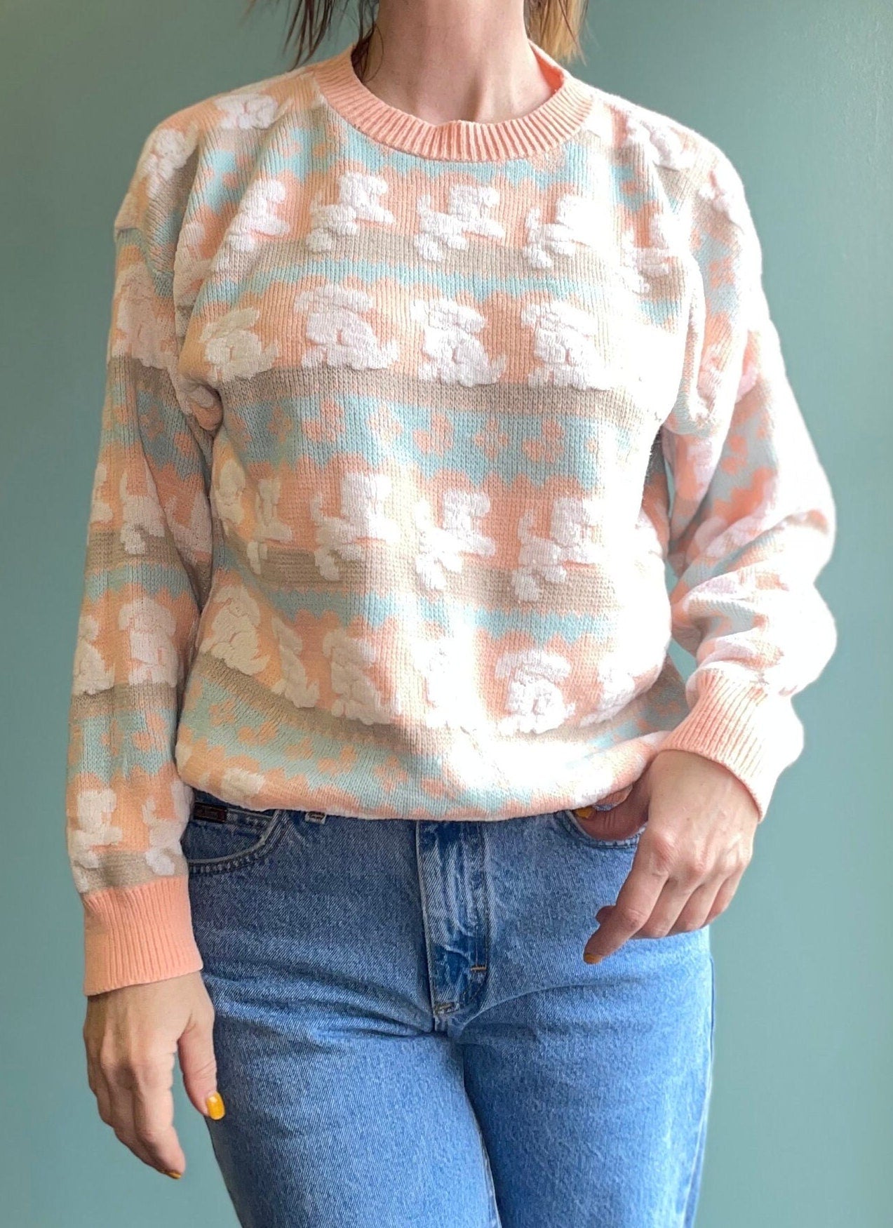 vtg 80s PASTEL POODLE SWEATER // all over print poodle cute puppy knit jumper kawaii animal baby pink adele spumoni pink coquette fairy kai