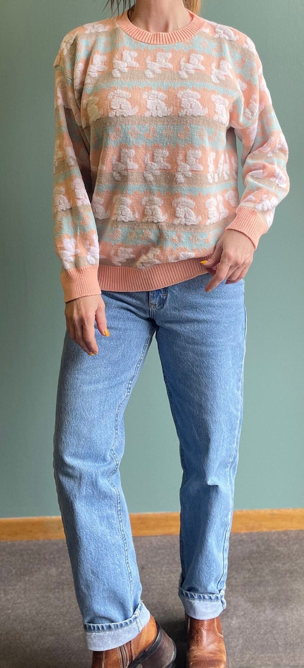 vtg 80s PASTEL POODLE SWEATER // all over print poodle cute puppy knit jumper kawaii animal baby pink adele spumoni pink coquette fairy kai