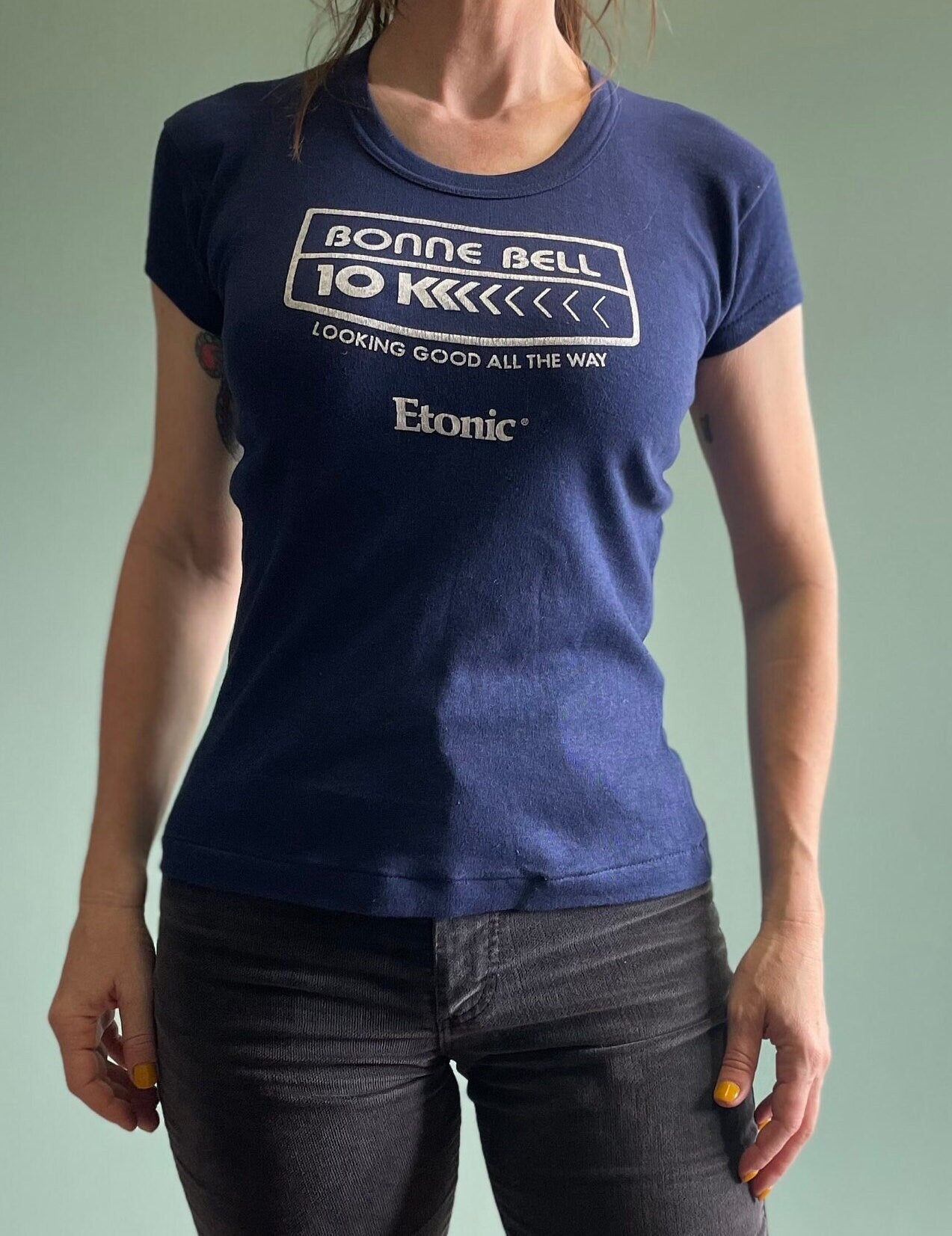 vtg 70s BONNE BELL CHAPSTICK Promo shirt // vintage etonics 10K sneaker graphic tee womens marathon running shoe ad french cut femme fit