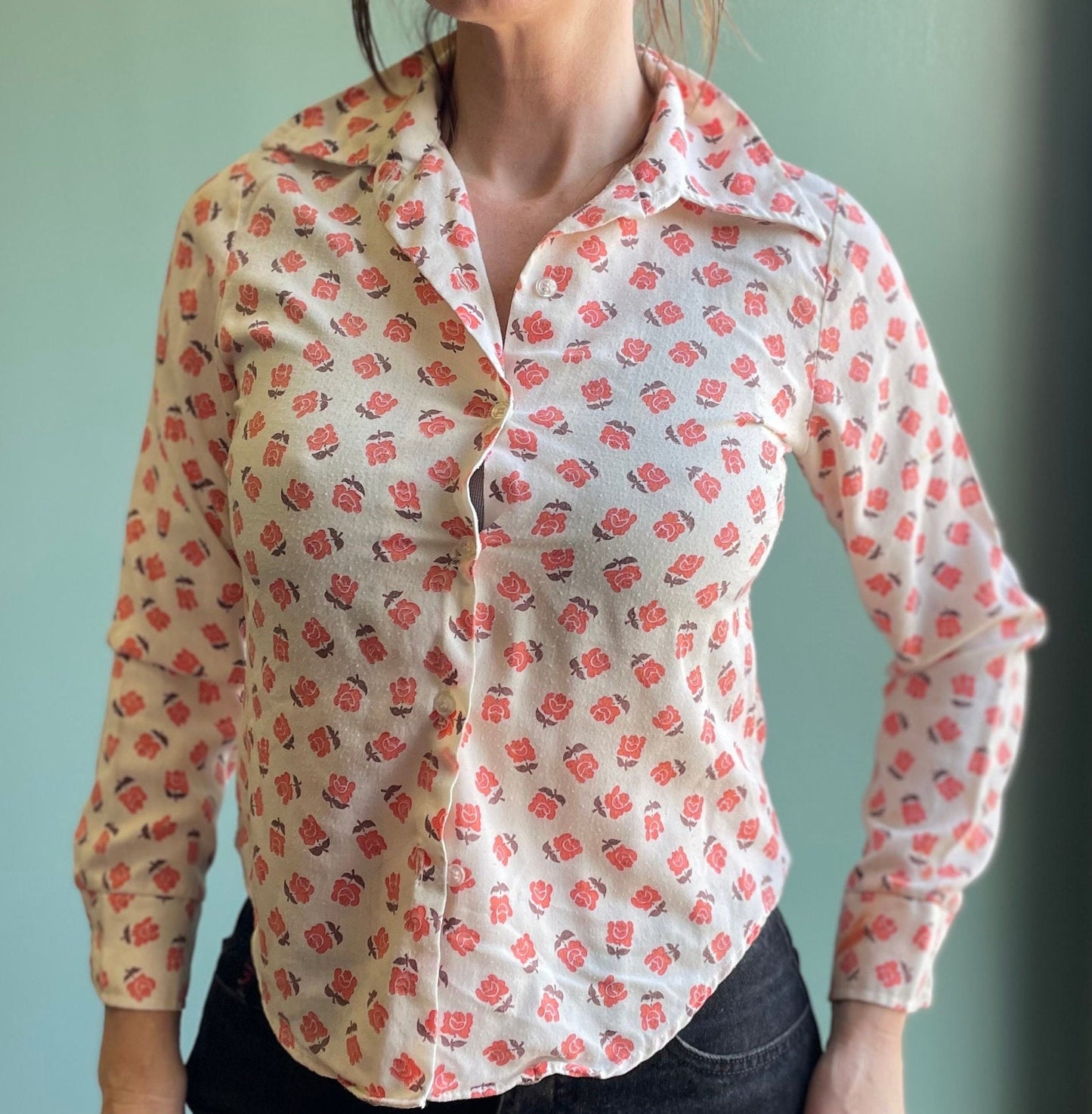 vtg 70s WINNIE THE POOH Top // vintage womens xs youth large petite floral button down rayon blouse autumn cozy style cute flower power top