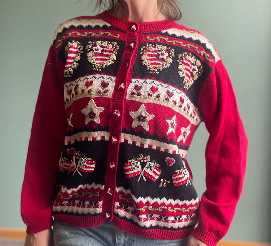 XMAS edit Vintage 2002 Heart Stars And Flags Cardigan / Red Festive Holiday Sweater / Novelty Print Sweater