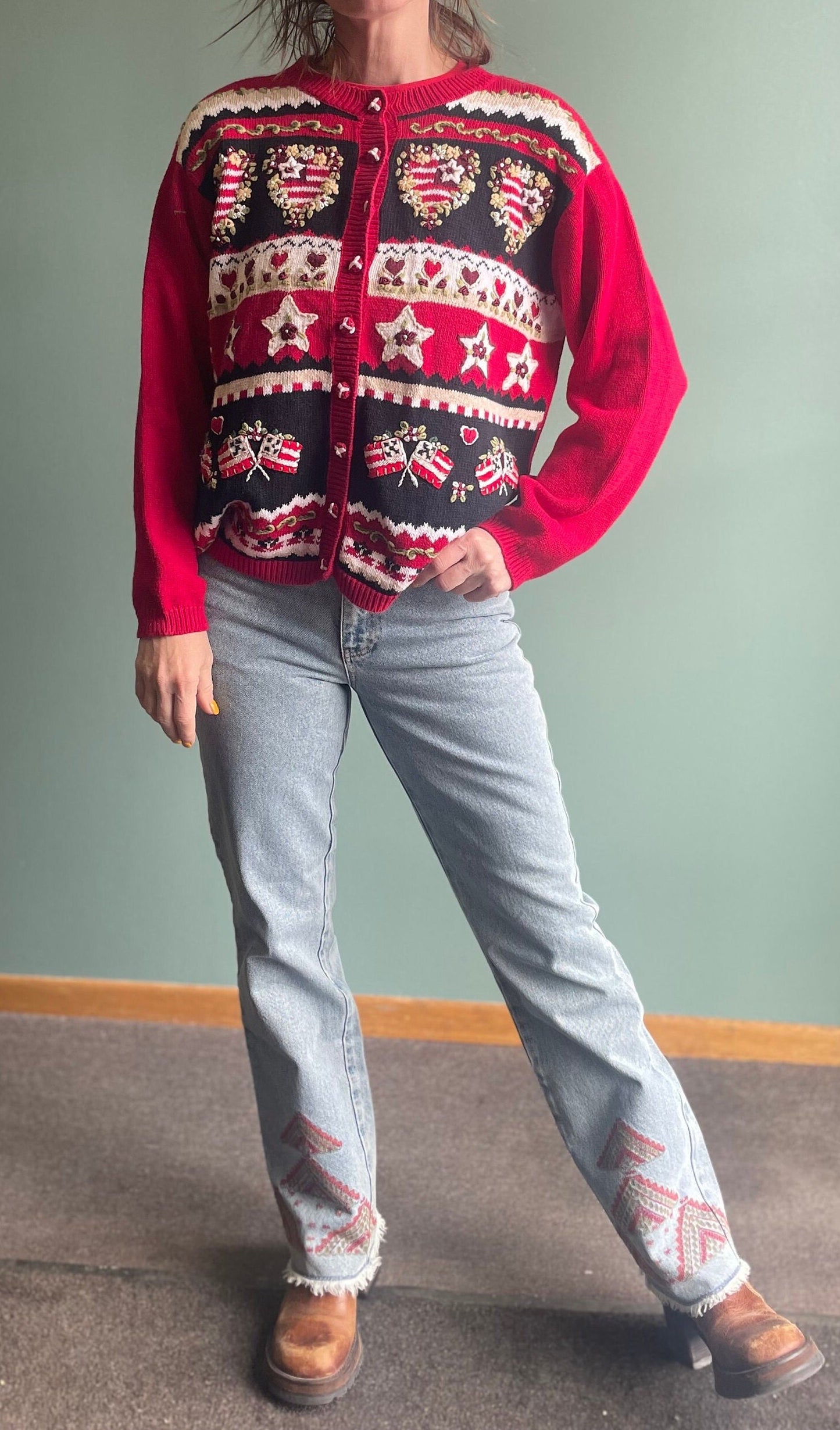 XMAS edit Vintage 2002 Heart Stars And Flags Cardigan / Red Festive Holiday Sweater / Novelty Print Sweater