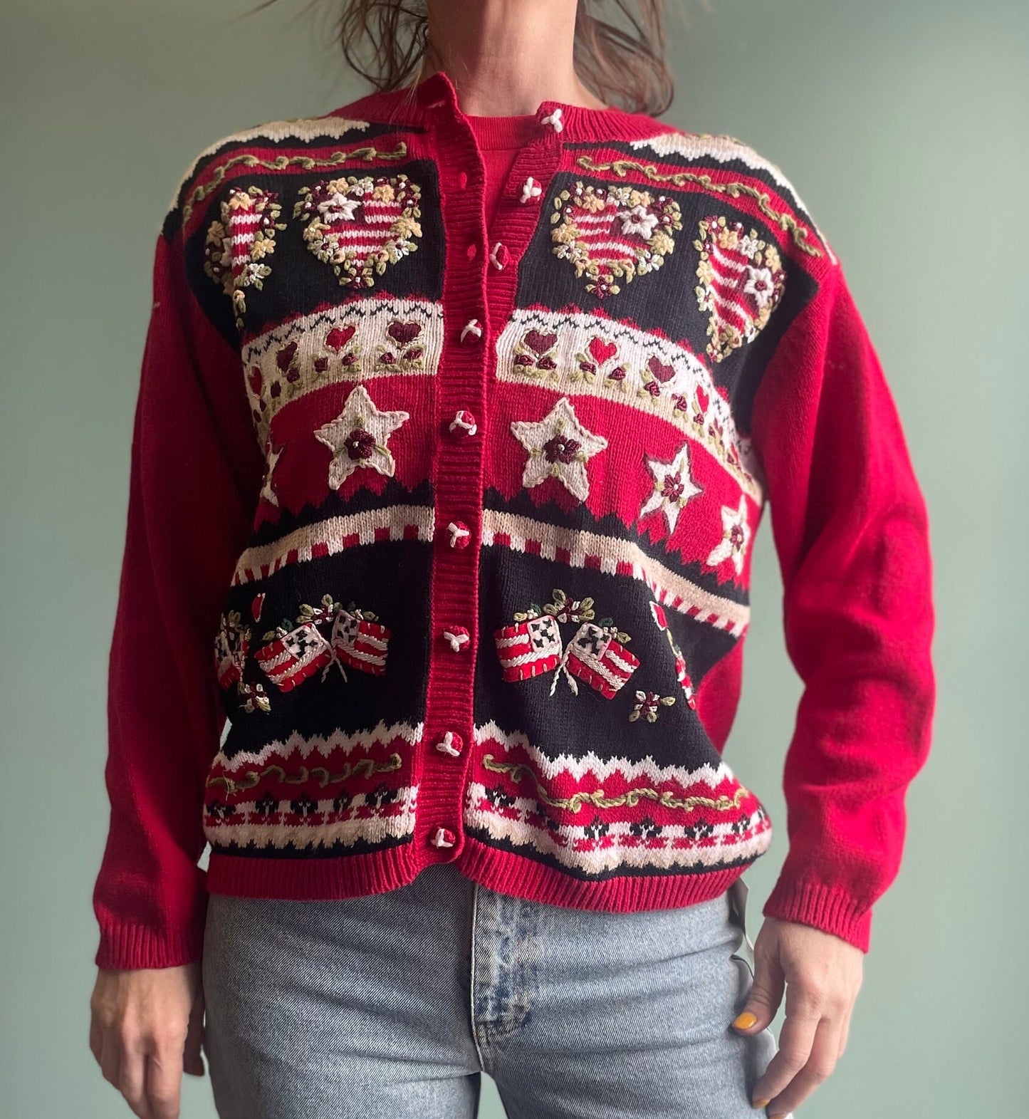 XMAS edit Vintage 2002 Heart Stars And Flags Cardigan / Red Festive Holiday Sweater / Novelty Print Sweater