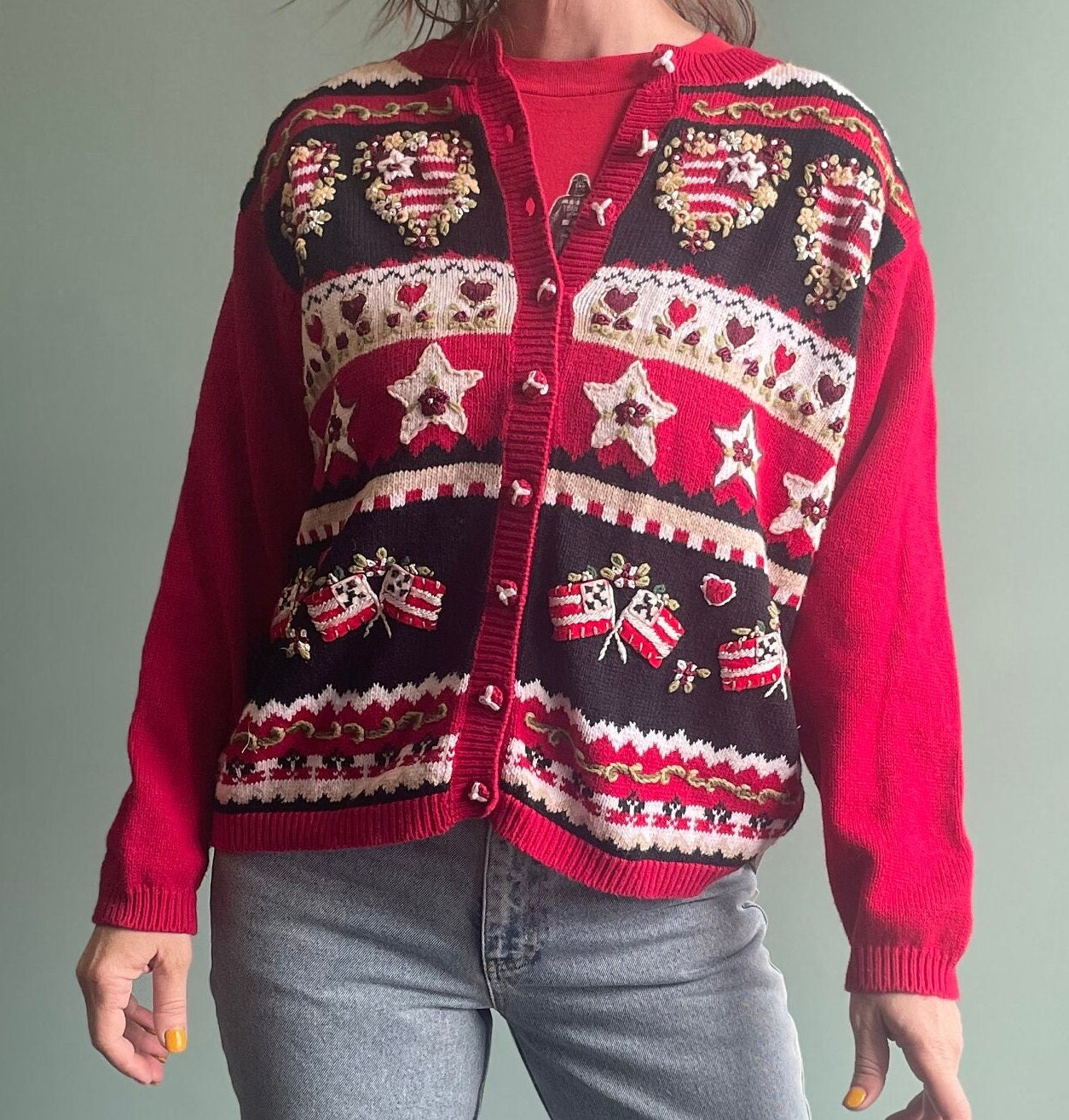 XMAS edit Vintage 2002 Heart Stars And Flags Cardigan / Red Festive Holiday Sweater / Novelty Print Sweater