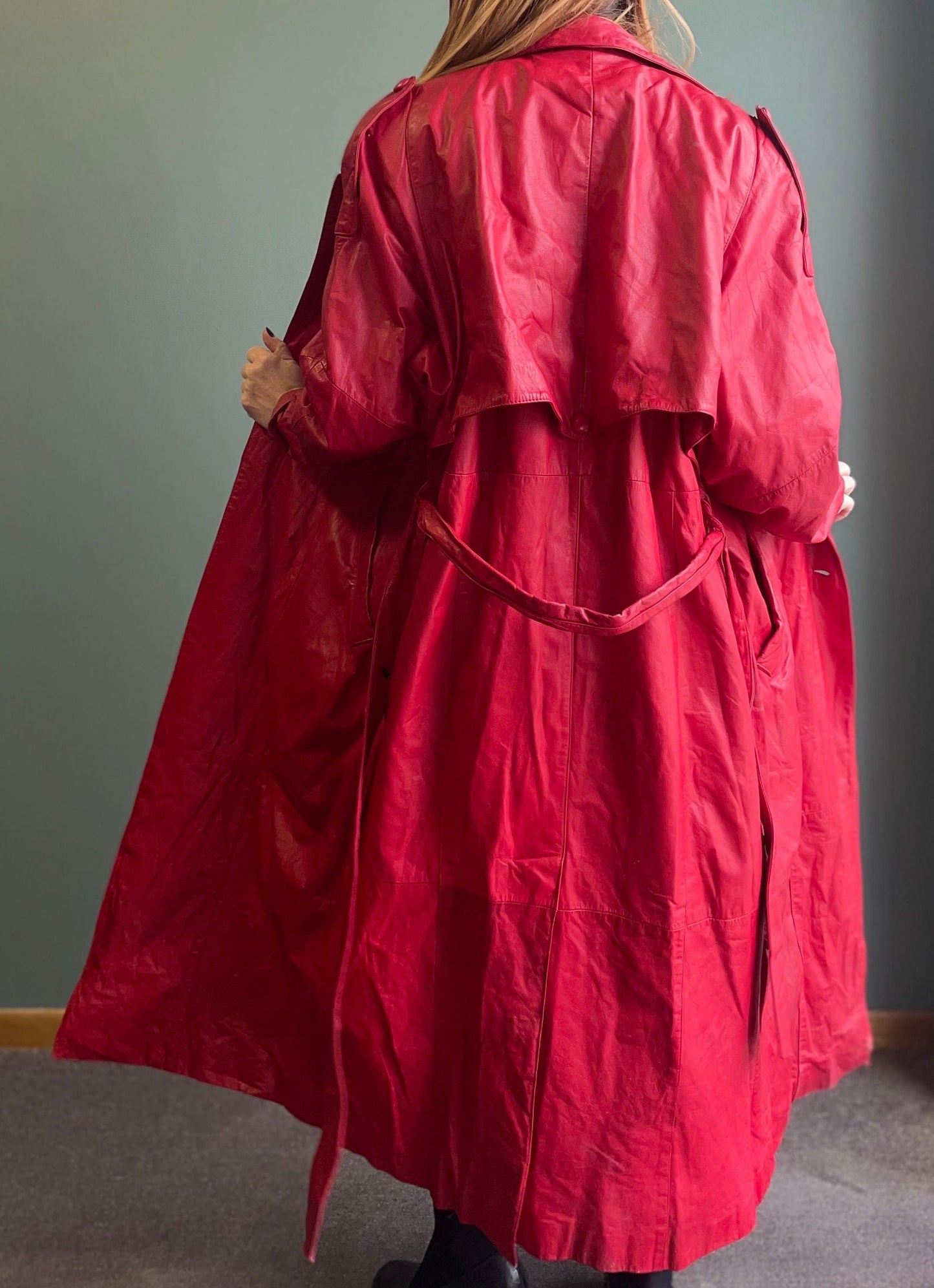 vtg 90s LONG RED LEATHER jacket // big collar oversized belted trench coat thinsulate autumn jacket madonna pop art unique bright funky