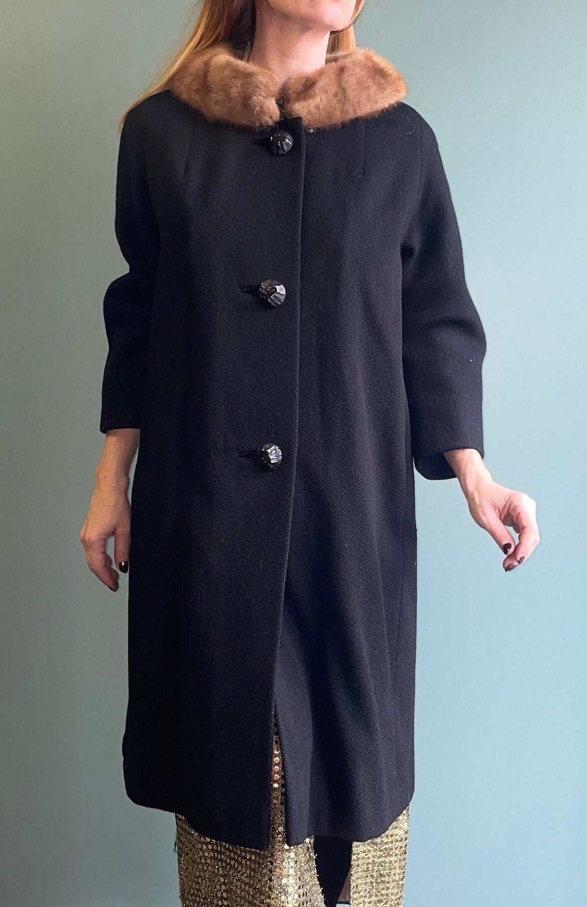 vtg 50s BLACK PRINCESS COAT // mink fur trimmed fancy evening opera coat 50s swing coat sophisticated sleek lilli ann style winter overcoat