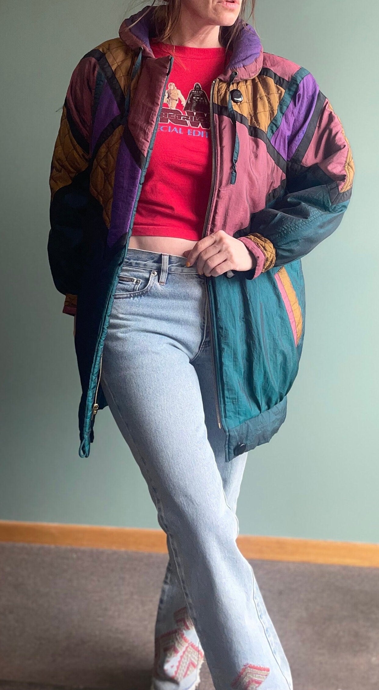 vtg 80s MULTICOLOR PUFFER JACKET //purple bold cafe 90s friends tv madonna color block style gold golden girls show fun costume era dress up