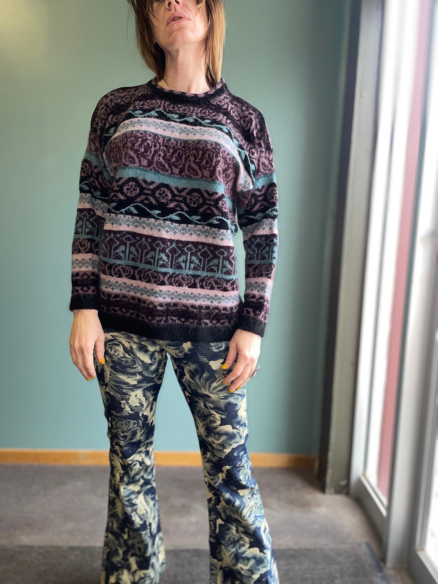 vtg 90s FUZZY SWEATER // abstract 3D print mohair fuzzy floral hand embroidered pastel contrast knit sweater purple roses warm winter jumper