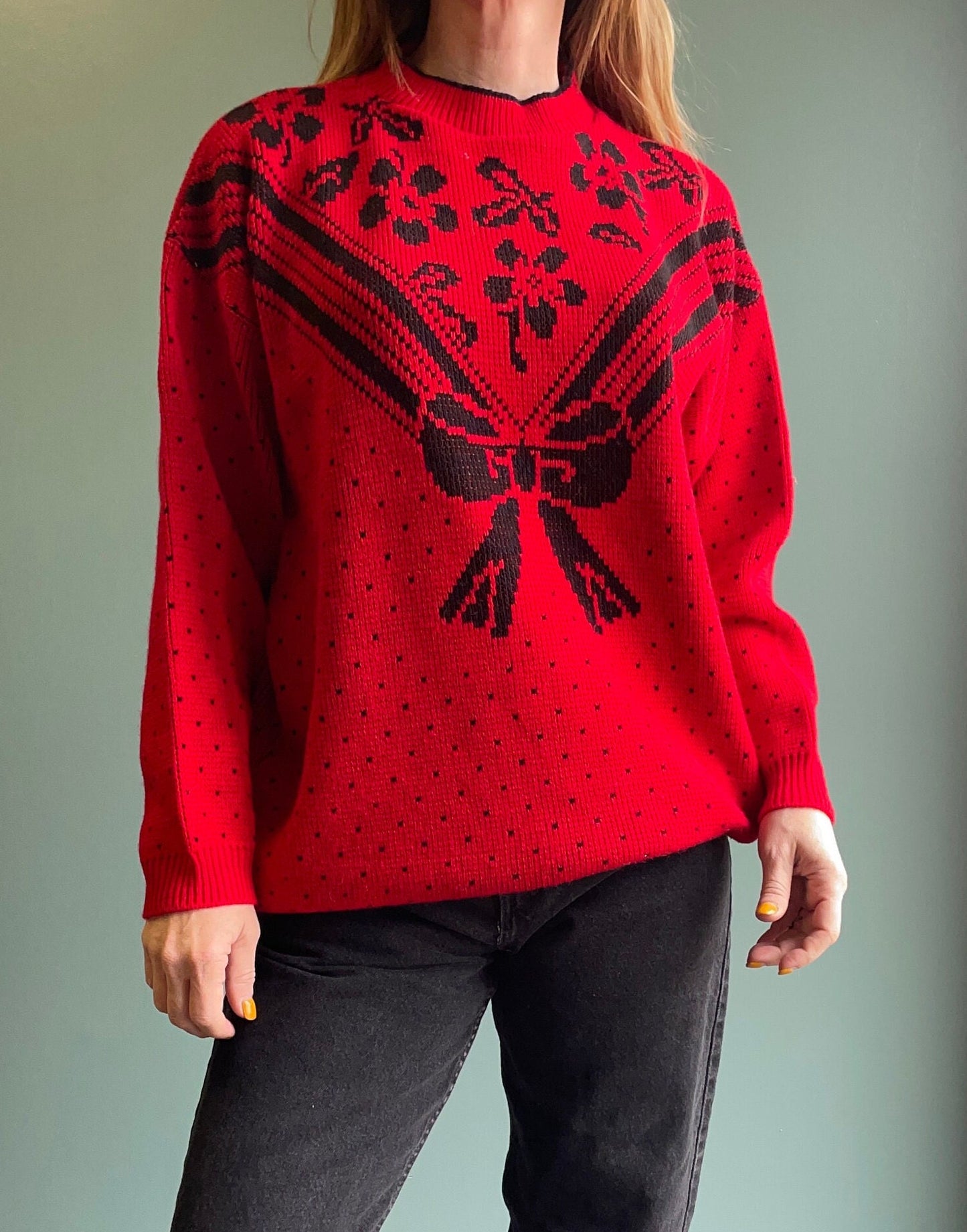 XMAS vtg SWEATER // Vintage 80s Red & Black Ribbon Print Abstract Gift Wrap Bow Slouchy Red aop loud festive holiday cheer joy noel santa