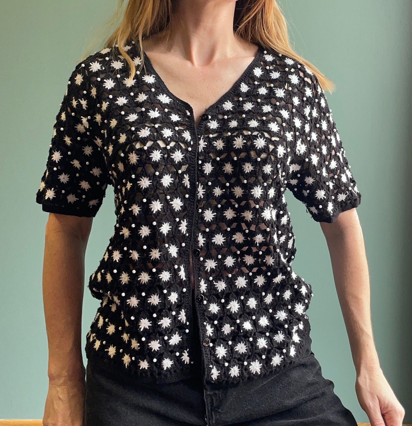 vtg 90s CROCHET light SWEATER Top // hand knit button up dainty short sleeve cardigan knit flowers sheer see through fall autumn layering