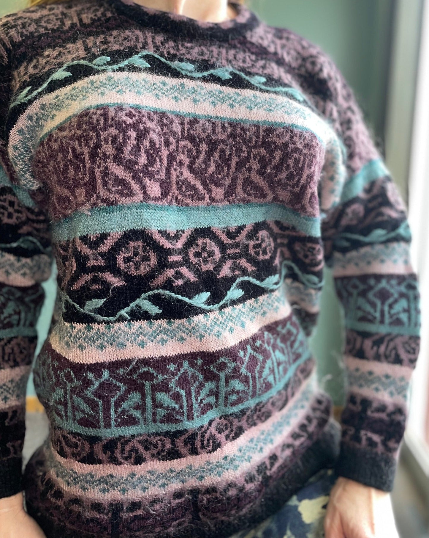 vtg 90s FUZZY SWEATER // abstract 3D print mohair fuzzy floral hand embroidered pastel contrast knit sweater purple roses warm winter jumper