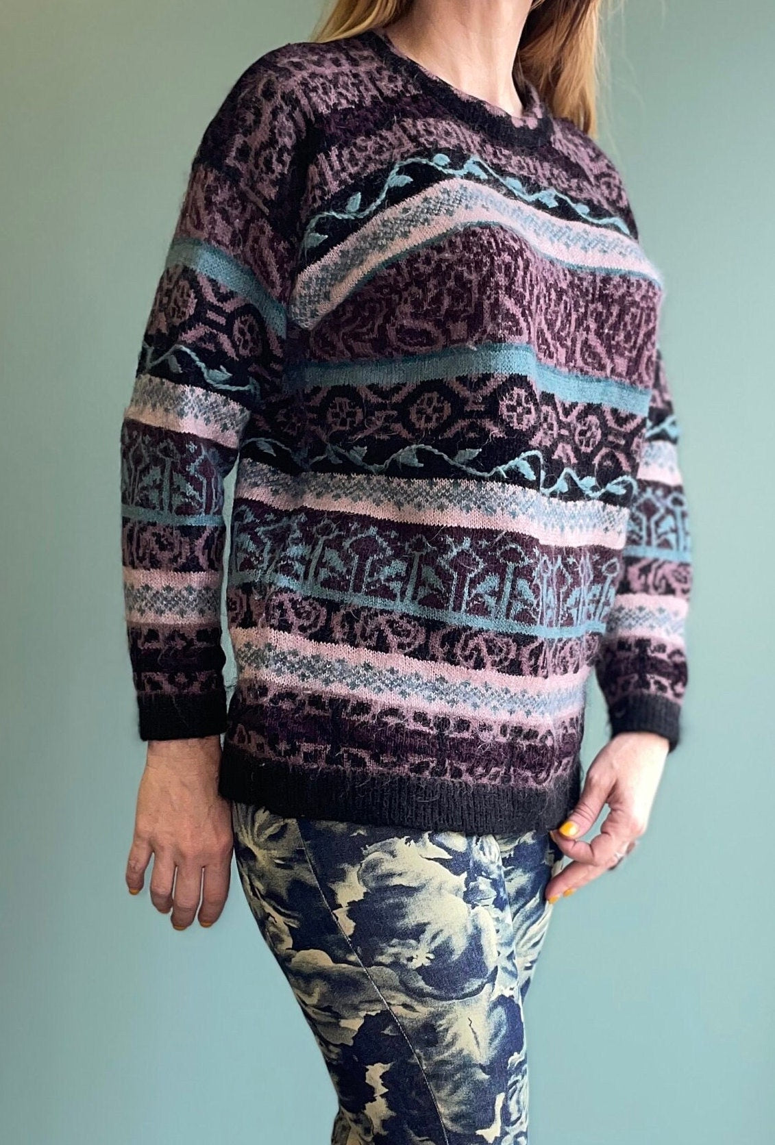 vtg 90s FUZZY SWEATER // abstract 3D print mohair fuzzy floral hand embroidered pastel contrast knit sweater purple roses warm winter jumper