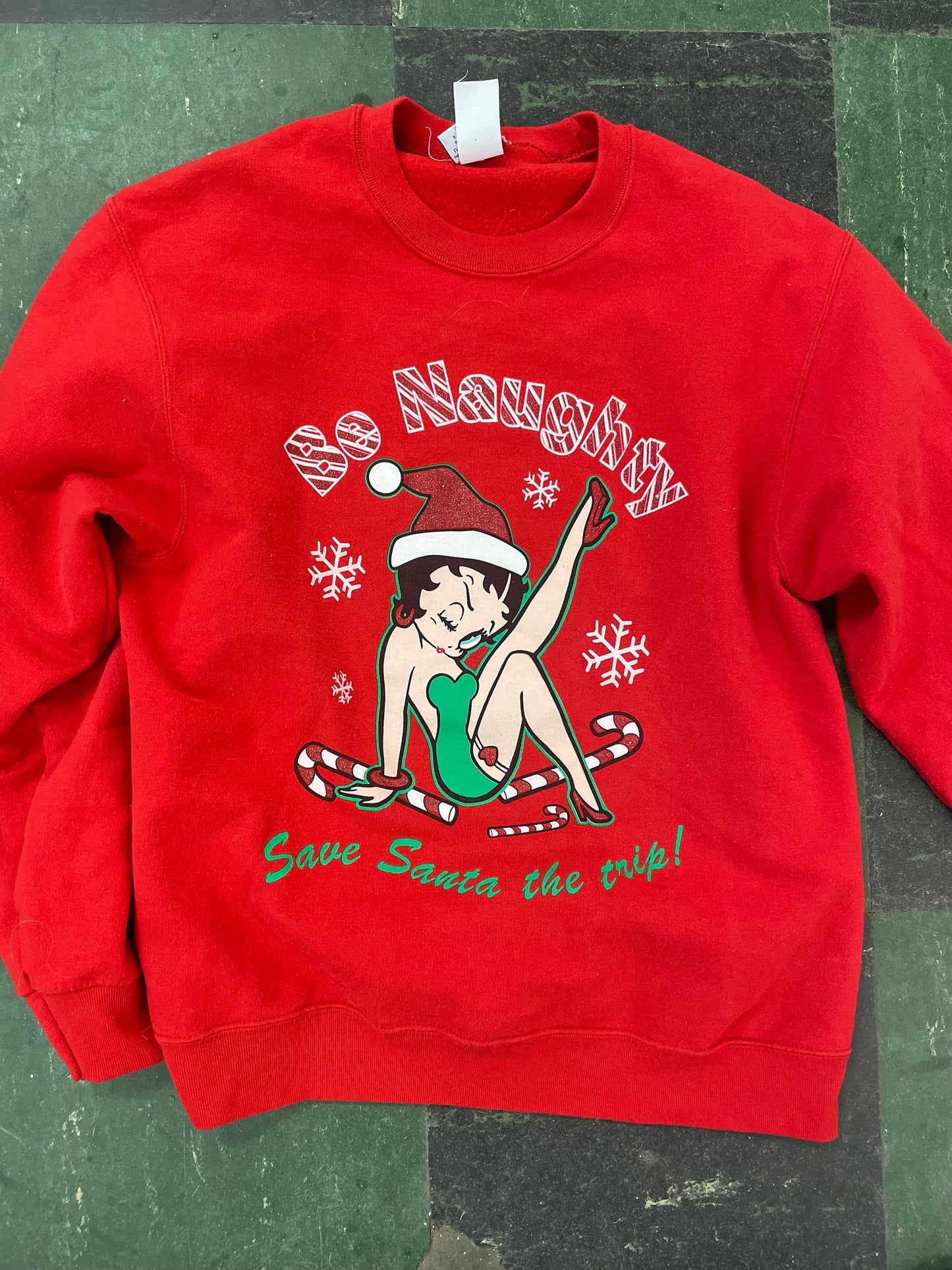 vtg BETTY BOOP XMAS Sweatshirt // vintage Y2K red naughty "Save Santa The Trip" risque pin up party sweater sexy winter festive holiday top