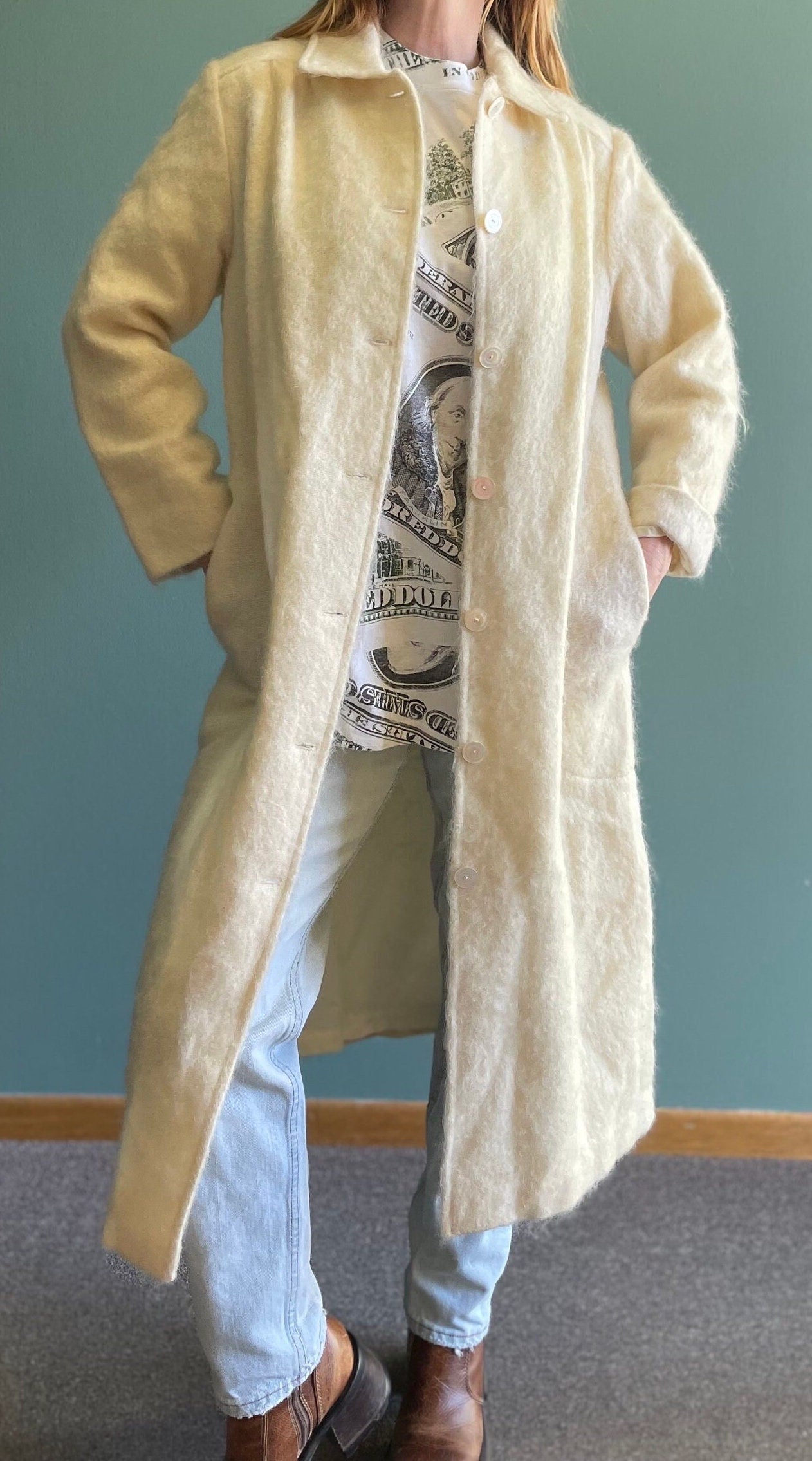 vtg 80s WHITE MOHAIR JACKET // vintage long white fuzzy trench coat mod retro duster furry shaggy oversized long blazer winter statement