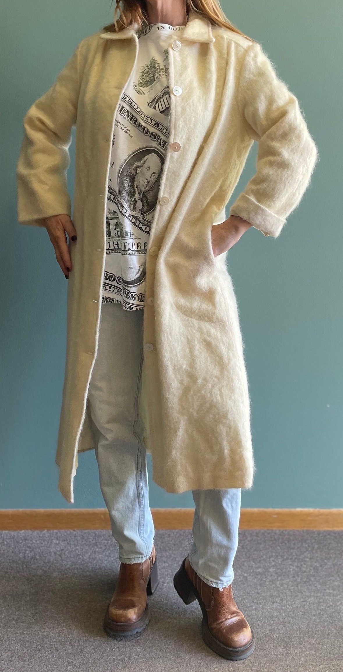 vtg 80s WHITE MOHAIR JACKET // vintage long white fuzzy trench coat mod retro duster furry shaggy oversized long blazer winter statement