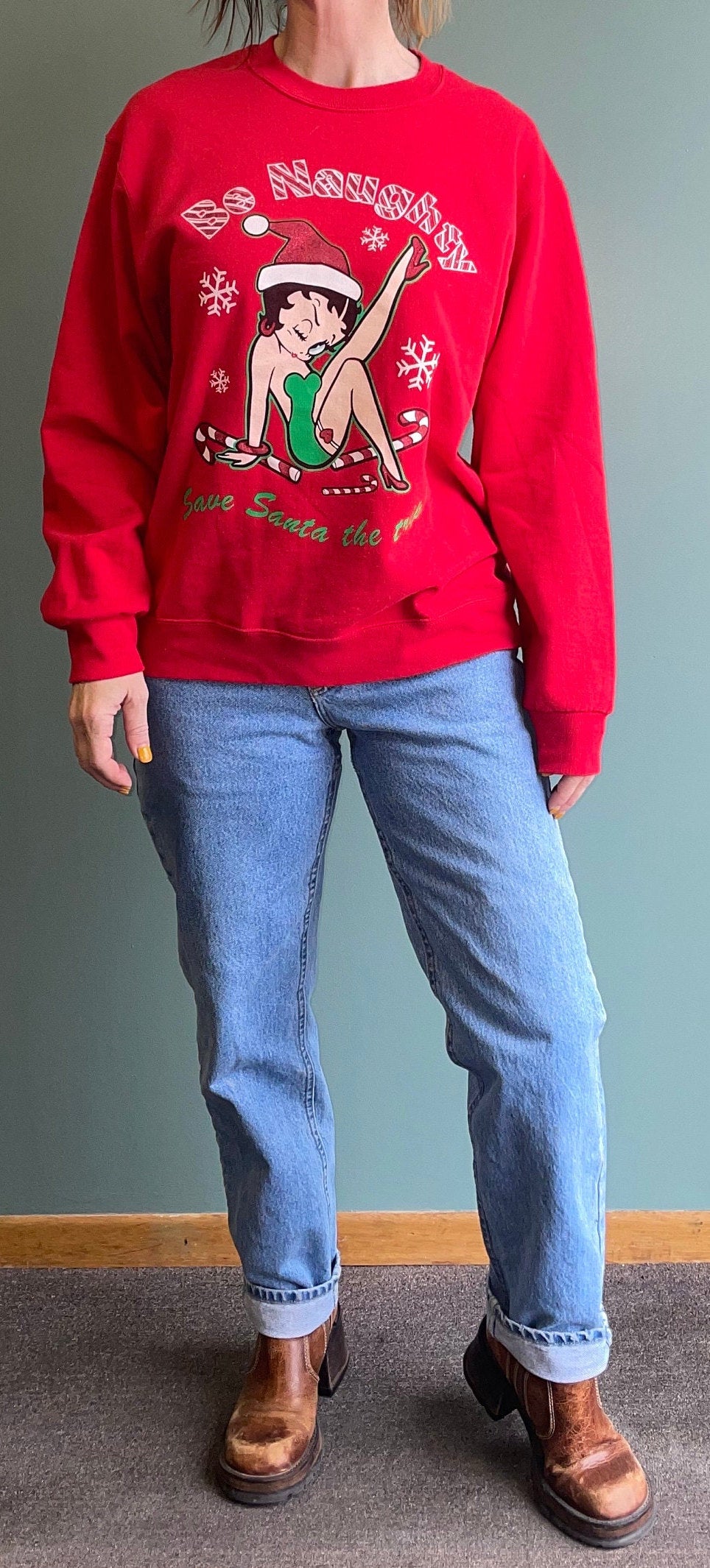 vtg BETTY BOOP XMAS Sweatshirt // vintage Y2K red naughty "Save Santa The Trip" risque pin up party sweater sexy winter festive holiday top