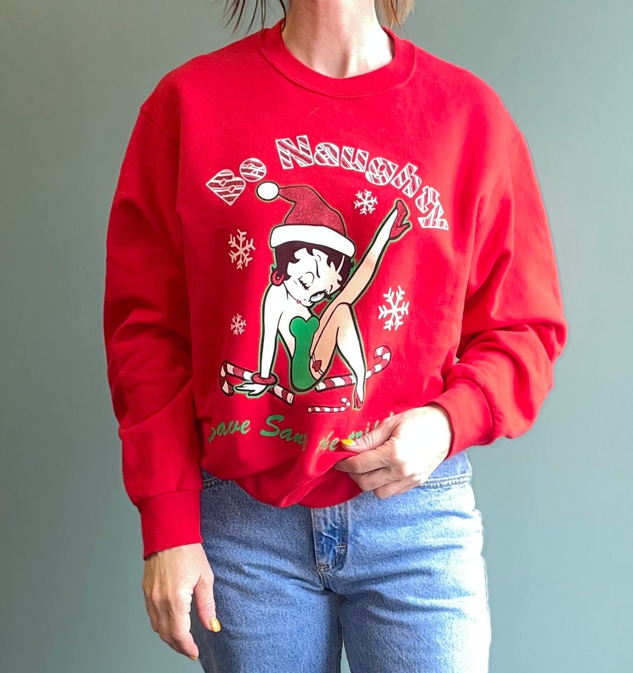 vtg BETTY BOOP XMAS Sweatshirt // vintage Y2K red naughty "Save Santa The Trip" risque pin up party sweater sexy winter festive holiday top